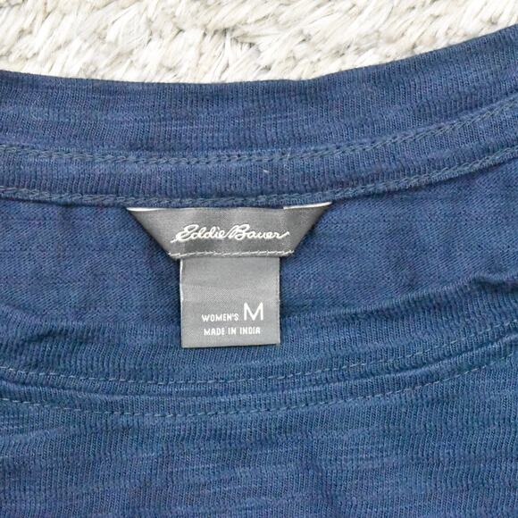 Eddie Bauer Women's Size M Blouse Top Short Sleeve Blue Solid Cotton Round Neck - Picture 7 of 8